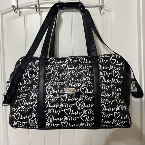 Luv Betsey Johnson Black and White Logo Print Weekender Duffle Bag Luggage - Picture 1 of 15
